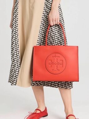 Tory Burch Coral Red Leather Logo Tote